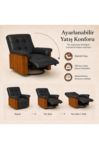 Smarto Relax Berlin Elektrikli Döner Sallanan Tv Koltuğu Kontrol Panelli Ergonomik Kırmızı Deri Baba Koltuğu Siyah