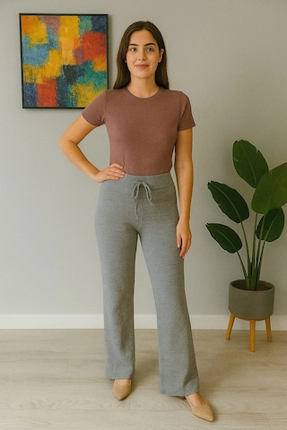 Kadın Yüksek Bel Triko Pantolon Gri