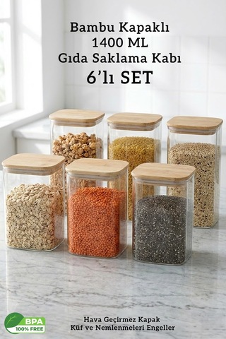 Bambu Kapaklı Kare 6 Lı 1400 Ml Hava Geçirmez Gıda Saklama Kabı Seti 1.4 Litre Şeffaf Bambu Kapaklı Kare 6 Lı 1400 Ml Hava Geçirmez Gıda Saklama Kabı Seti 1.4 Litre Şeffaf