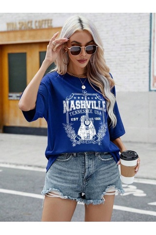 Flood Of Style Kadın Mavi Nashvılle Baskılı Oversize Bisiklet Yaka Tişört
