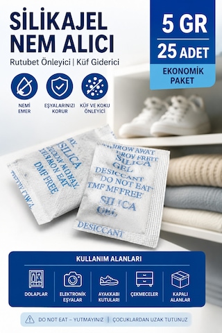 5 Gr 25 Adet Silikajel Nem Alıcı Silika Jel Rutubet Önleyici Küf Giderici Paket