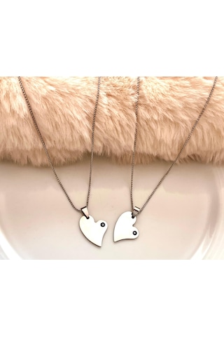 Gns Aksesuar Aşk Temalı Kalp Ve Nazarlık Detaylı Sevgili Çelik Kolye Seti Gümüş