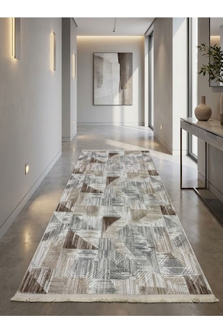 Gri Krem Kahve Kaymaz Taban Yıkanabilir Kesme Yolluk Halı Modern Desen