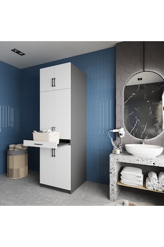 Piramit Çamaşır Ve Kurutma Makinesi Dolabı Banyo Dolabı Füme Beyaz Beyaz - Antrasit
