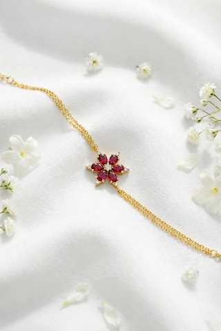 Çekirdekjewelry 926 Ayar Gümüş Kırmızı Taşlı Lotus Bileklik Sarı