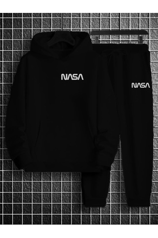 Ay Montana Nasa Yazılı Baskılı Sweatshirt & Eşofman Alt Üst Takım Unisex Rsatk059 Siyah