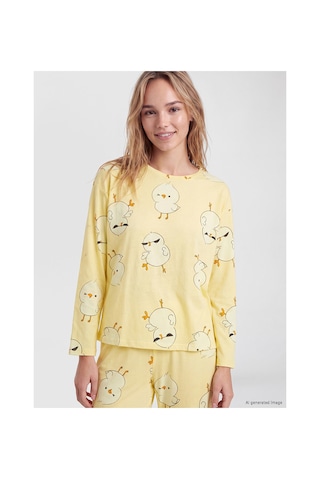 LC Waikiki Alıta Cıty Farkıyla Lcw Young Sarı Penye Desenli Uzun Kollu Kadın Pijama Takım Sari - 929503497 Sari