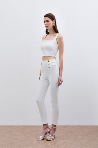 Sateen Düğme Detaylı Pantolon - Ekru-133796 Ekru