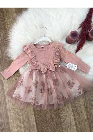 Kız Çocuk Gül Kurusu Çiçekli Tütülü Doğum Günü Hediye Özel Gün Abiye Günlük Prenses Şık Elbise Pembe
