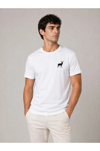Wear Vexel Erkek Minimal Geyik Logolu Tişört Bisiklet Yaka Kısa Kol Yazlık T-shirt - Beyaz Çok Renkli
