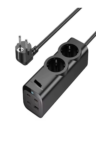 67w Gan Hızlı Şarjlı Kablolu Priz 3x Type-c + 1x Usb + 2'li Priz 1.5m Uzatma Kablosu Siyah 1,5 m