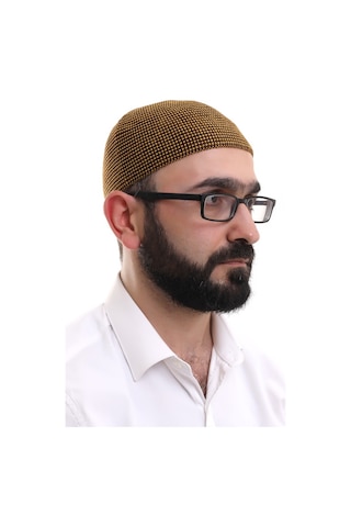 Hardal Kışlık Nokta Desenli Orlon Namaz Takkesi Sarı