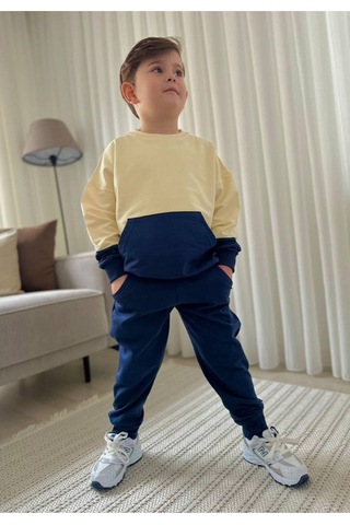 Jeliboomkidswear Erkek Çocuk 3-10 Yaş 2 İplik Likralı Günlük Eşofman Takımı Lacivert- Ekru