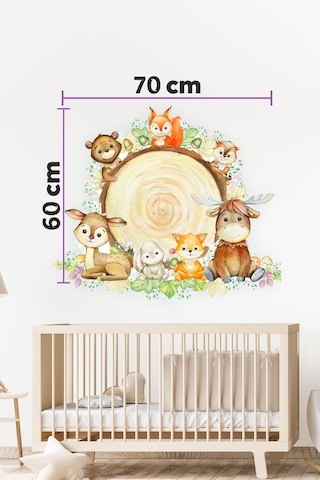 MSticker Kütükte Sevimli Hayvanlar Çocuk Bebek Odası Duvar Sticker 60x70cm