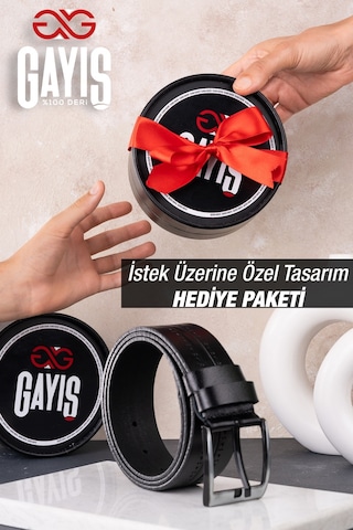 Gayış Özel Oval Kutulu Hakiki Manda Derisi Siyah Desenli Kot Pantolon Kemeri Hediyelik Çeyizlik Kemer Siyah