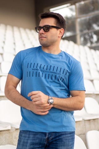 Erkek İndigo Çizgi Baskılı Normal Kesim Bisiklet Yaka Erkek Tişört 22etshmros 001