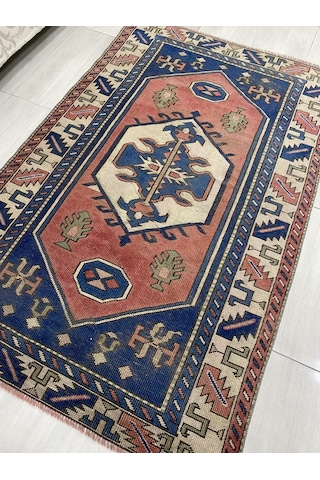 El Dokuması Eskitme 122X190 Kiremit Mavi %100 Yün Vintage Halı !