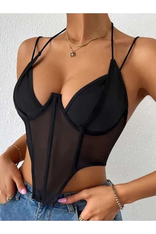 She's Balenli İnce Askılı Kadın Gecelik Body-2003 Siyah