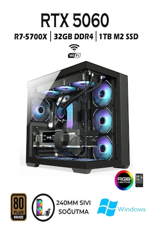 Apphirex TC990X R7-5700X 32 GB 1 TB M.2 SSD RTX5060 32" W11P Masaüstü Oyuncu Bilgisayarı
