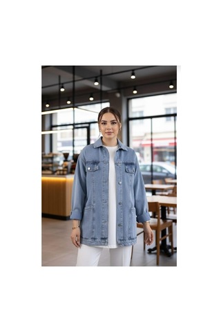 Hb Harma Time Butik Kadın Cep Detaylı Denim Mavi Kot Ceket