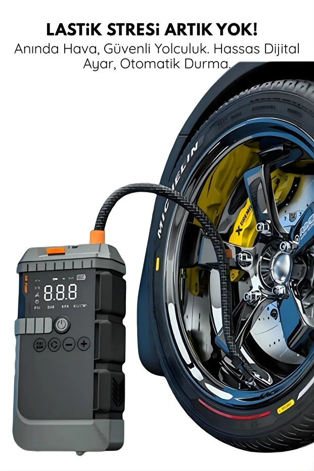 12000mah 4'ü 1 Arada Araç Akü Takviye Cihazı - Hava Kompresörü, Kablosuz Jump Starter & Powerbank
