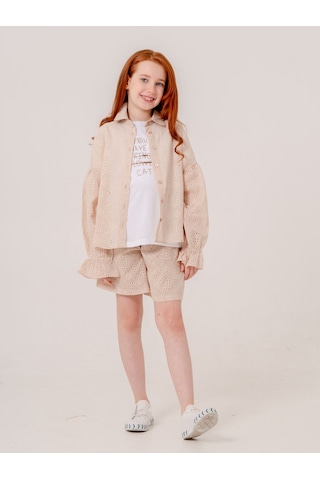 Kız Çocuk Fisto Gömlek T-shirt İkili Takım 1804 Bej