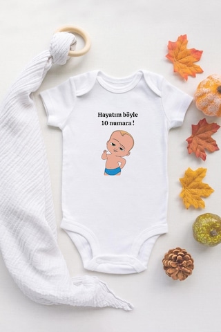 Tuğba Baby Özel Tasarım Patron Bebek Hayatım Böyle 10 Numara Yazılı Bebek Body Beyaz Badi Zıbın Beyaz