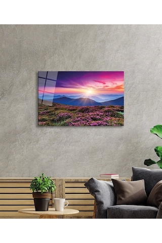 Pembe Dağ Manzarası Cam Tablo Evlika, Ev Ve Ofis Duvar Dekoru, Hediyelik Büyük Temperli 4 Mm Cam Tablo Evlika