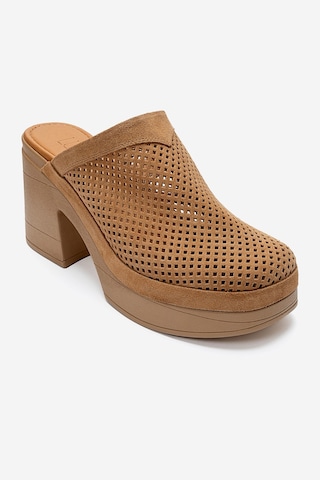 Luvishoes Dejas Taba Süet Hakiki Deri Delikli Kadın Kalın Topuklu Terlik