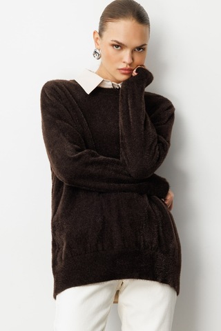 Mizalle Yuvarlak Yaka Oversize Yumuşak Dokulu Kahverengi Triko Kazak Kahverengi