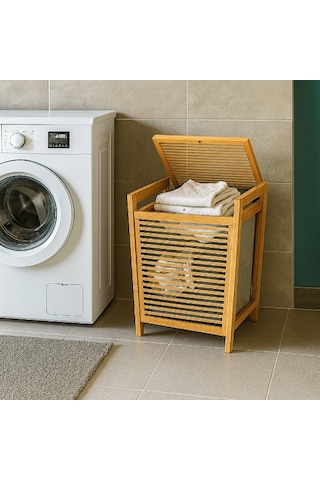 Orta Boy Ahşap Bambu Kirli Sepeti 40x35x60 Diğer