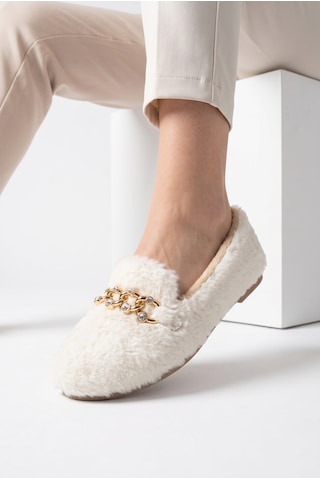 Nmoda Kadın Peluş Panduf Gold Zincir Taşlı Aksesuarlı Kapalı Loafer Yumuşak Tabanlı Kışlık Rahat Babet Beyaz