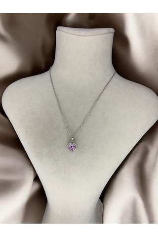 Pembe Kalp Detaylı Silver Kolye Sevgiliye Hediye Gümüş