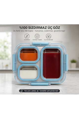 Muzeko Diyet, Beslenme Kabı Mzk4003 Sızdırmaz Kapaklı Metal 3 Bölmeli Lunch Box Beslenme 800ml 304çelik Mavi Okul,piknik,ofisler Açık Mavi
