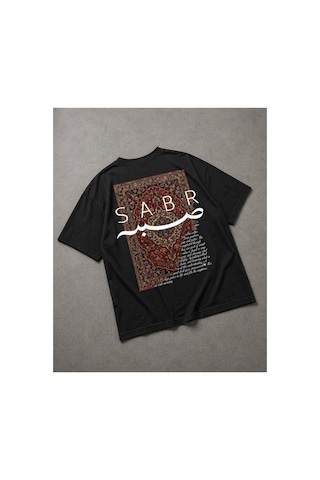 Yolo Street Oversize Siyah Tişört Sabr Halı Desenli Arka Baskı Unisex Pamuk Streetwear Siyah