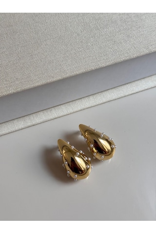 İncili Damla Form Gold Kadın Küpe Altın