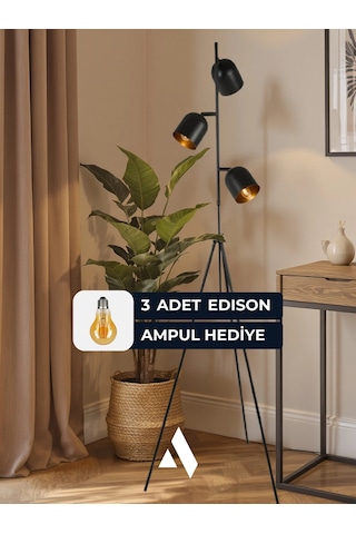 Horion Tripod Lambader 3 Başlıklı, Ayarlanabilir, Metal Gövde Siyah, Beyaz, Eskitme Gold Siyah