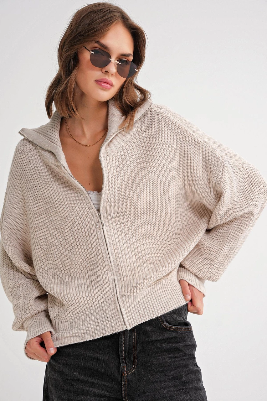 6919 Kadın Fermuarlı Balıkçı Yaka Triko Hırka Taş Taş