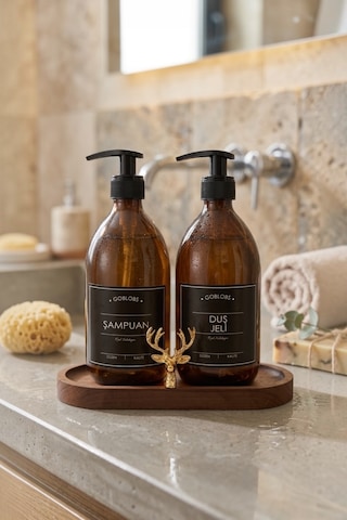 Amber Şişe Sabunluk Cam İkili Şampuan-duş Jeli Banyo Düzenleyici Klasik Gold Geyik Ahşap Standlı 500ml