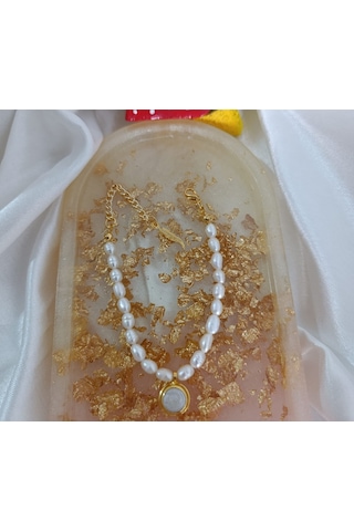 Sedef Dolgulu Altın Kaplama Gerçek İnci Tasarım Kolye El Yapımı Çok Renkli