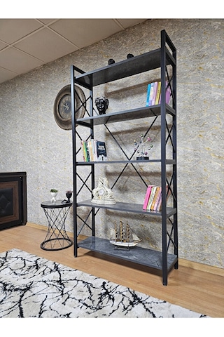 Siyah Boyalı Kitaplık - 5 Raflı Suntalem Lüks Kitaplık Aris Gri Çok Renkli