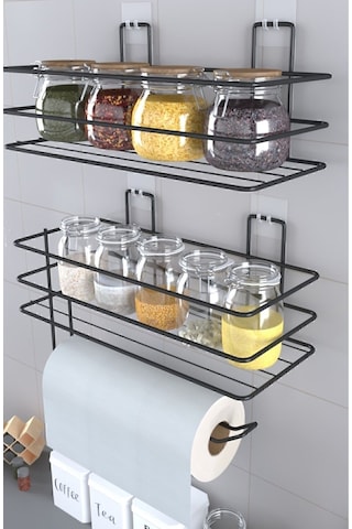 Eva Metal Tasarim Yapışkanlı Baharatlık 2 Li Metal Kağıt Havluluk Siyah Baharat Standı Mutfak Rafı Siyah