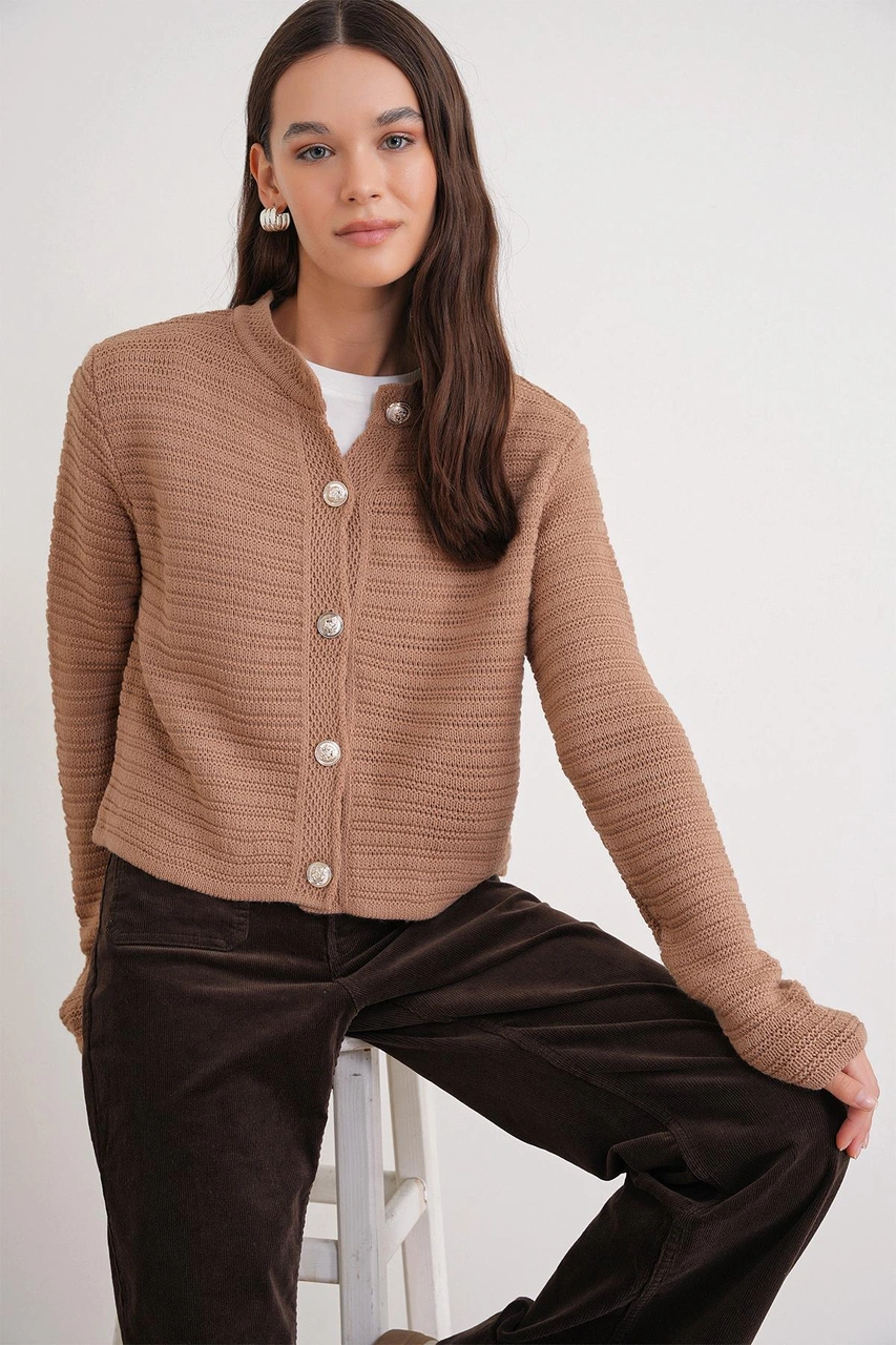 6778 Kadın Links Desenli Crop Triko Hırka Camel Camel