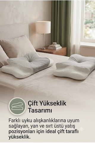 Ergonomik Visco Memory Foam Boyun Destek Yastığı 62x42 Cm Çift Yükseklikli Premium Uyku Yastığı Açık Gri