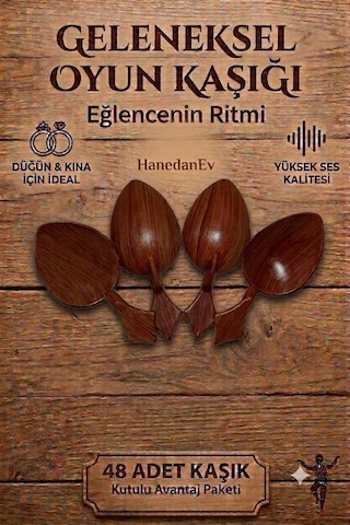 48 Adet Kutulu Ahşap Görünümlü Plastik Kaşık Oyun Kaşığı Düğün Kına Eğlence Kaşığı Kısa Kaşık