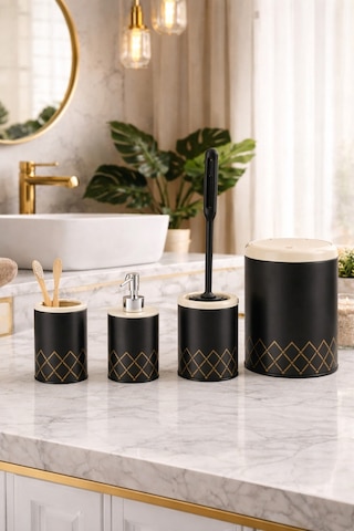 Geometrik Zikzak Desenli 4 Lü Banyo Seti Siyah