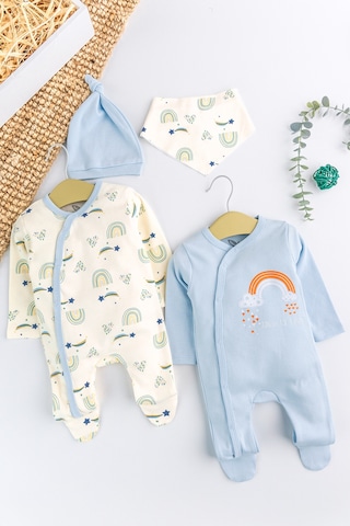 Gökkuşağı Temalı 2'li Uzun Kollu Kız/erkek Bebek Tulum Takım mavi