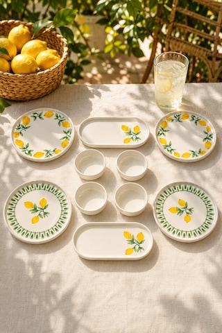 Yeşil Limon 10 Parça 4 Kişilik Handmade Stackable Seramik Tabak Seti Premium Sunum & Kahvaltı Takımı Beyaz