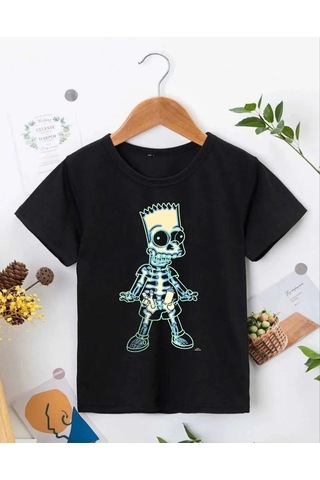 Barlashive Çoçuk Bisiklet Yaka Kısa Kol Baskılı T-shirt - Siyah Çok Renkli