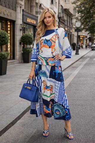 Asprinfashion Kayık Yaka Yarasa Kol Bluz Etek Takım Lacivert